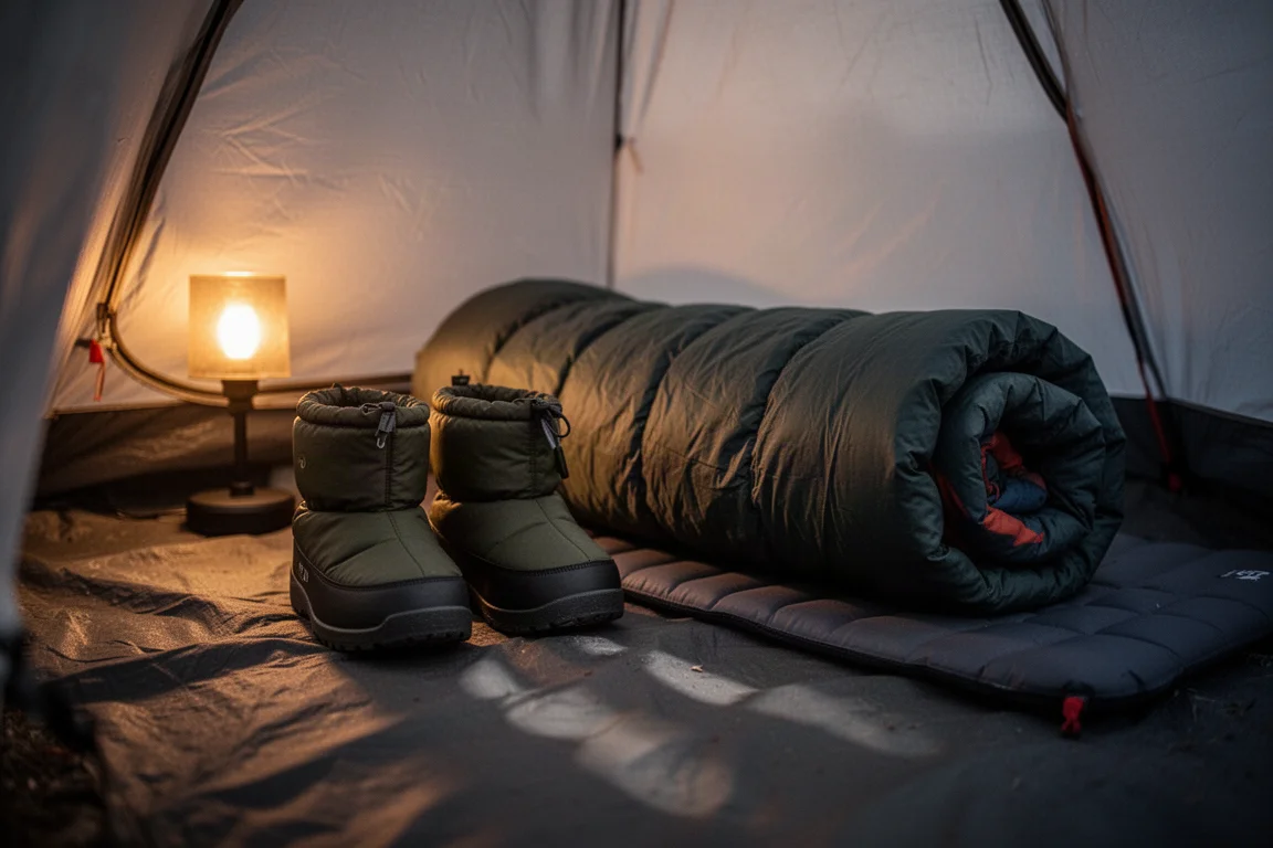 Geïsoleerde kamphoesjes naast een slaapzak in een kleine tent bij schemering