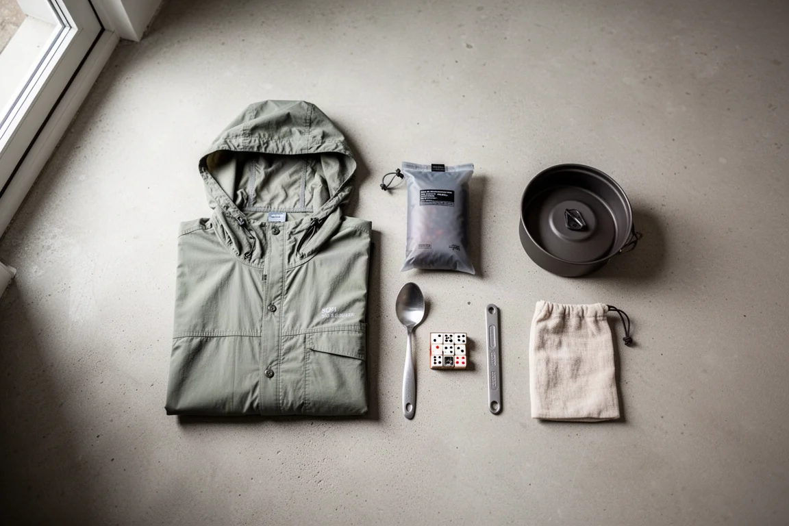 Backpackuitrusting uitgestald en gesorteerd op een lichtgrijze betonnen vloer