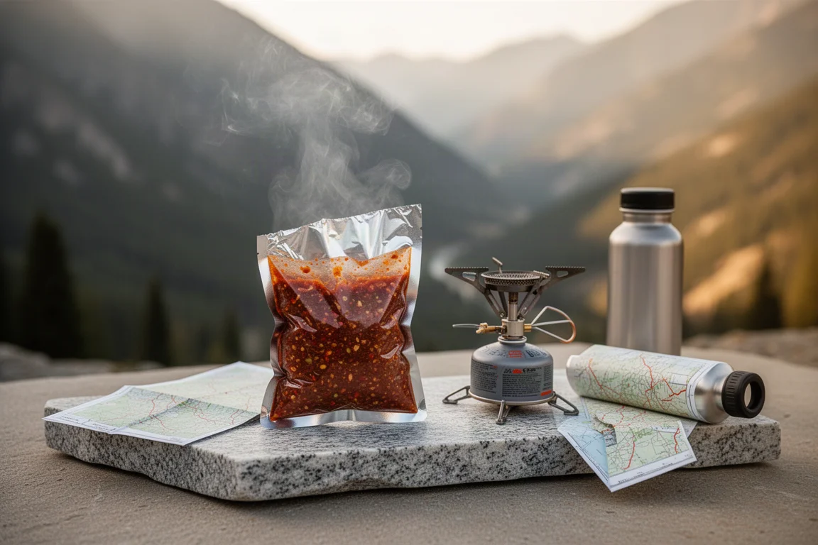 Vapor que sale de una bolsa de comida rehidratada junto a un hornillo de camping sobre granito