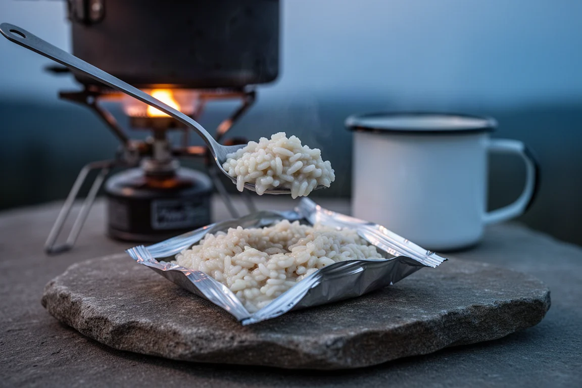 Cuchara metálica levantando un risotto cremoso de una bolsa de aluminio en un campamento al atardecer