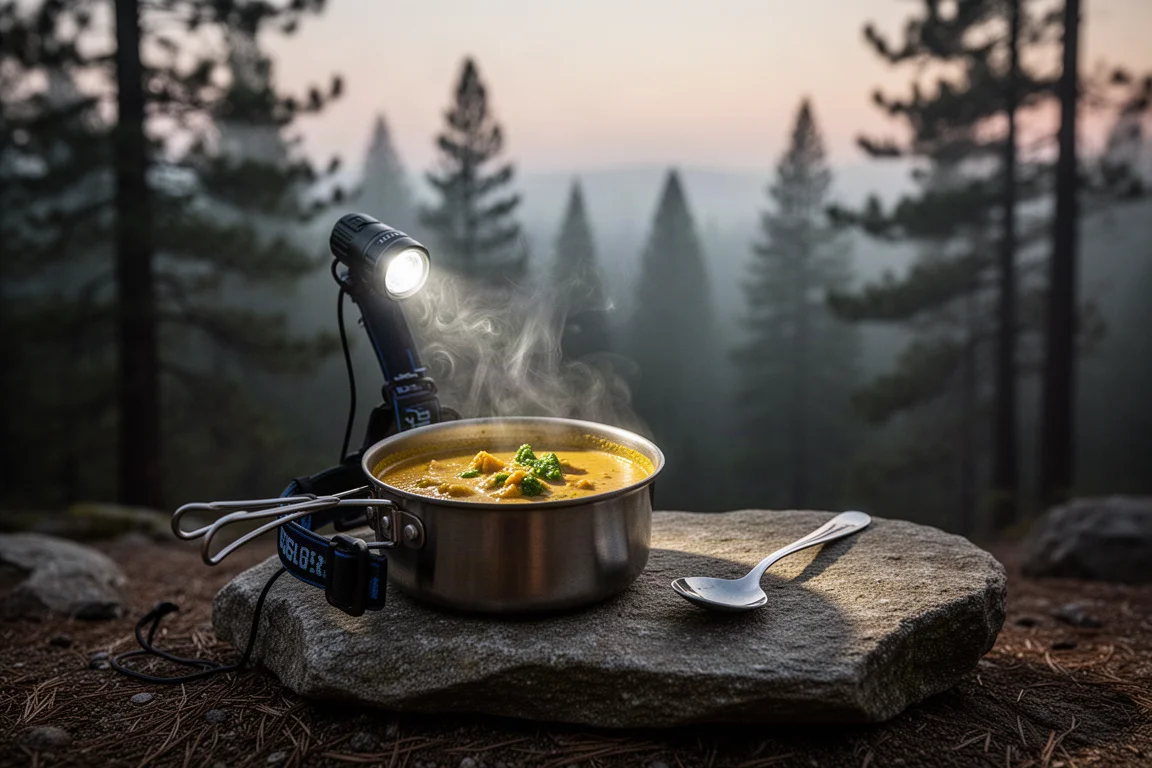 Hornillo de camping y olla de curry en una cocina junto al sendero al atardecer