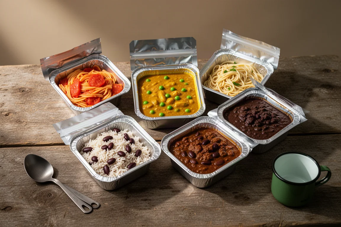 Five open dehydrated meal pouches with different dishes on a wooden camp table