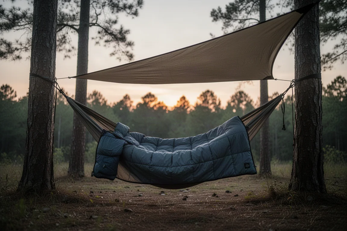 Hamaca de campamento con colchas y lona tensadas entre árboles al atardecer