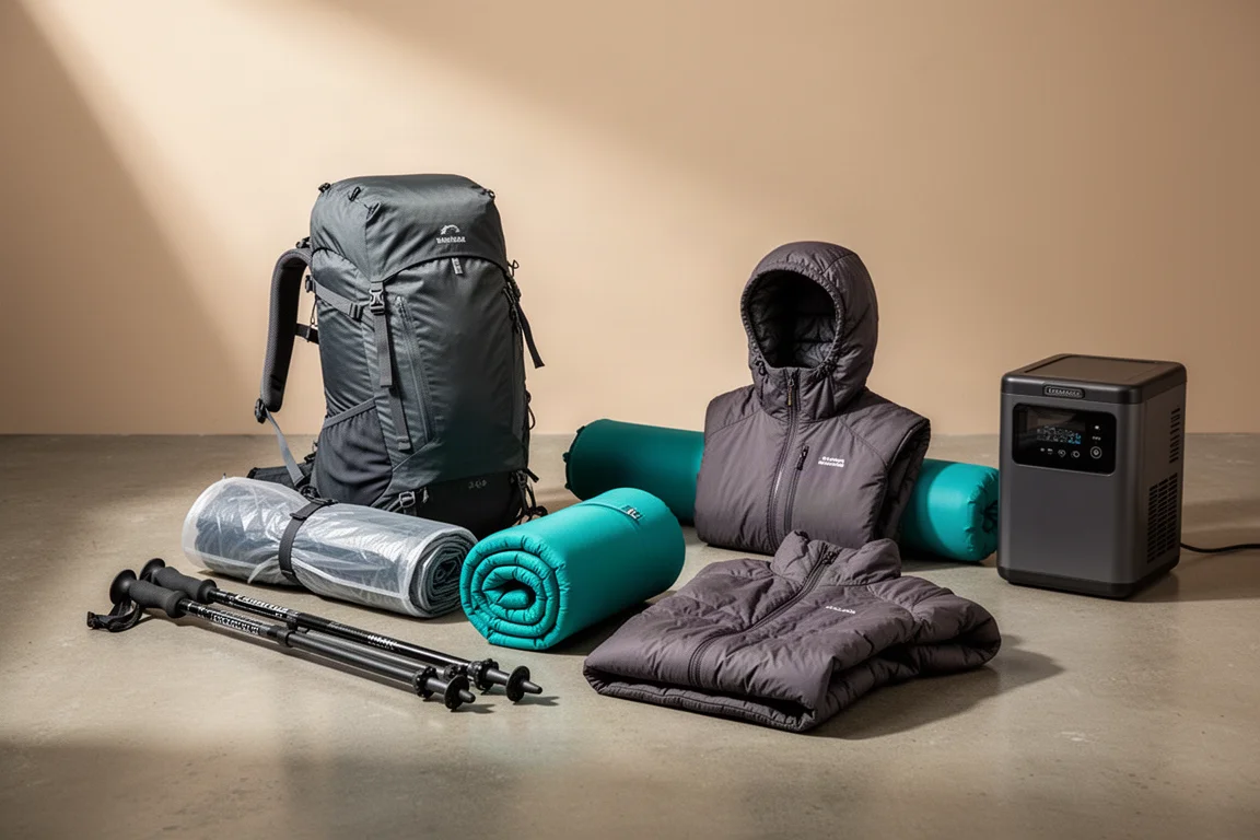 Backpacking and car camping gear arranged on a matte concrete surface