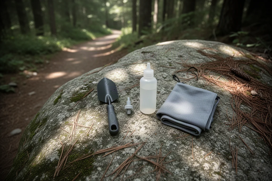 Ovanifrånvy av ett kompakt backpacking-hygienkit arrangerat på en granitplatta