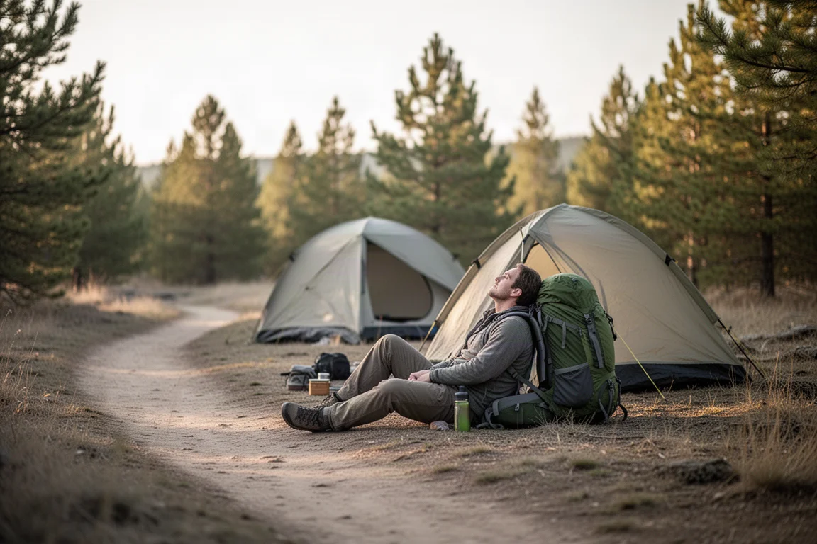 Backpacker che riposa a terra in un campeggio con una tenda e pini sullo sfondo