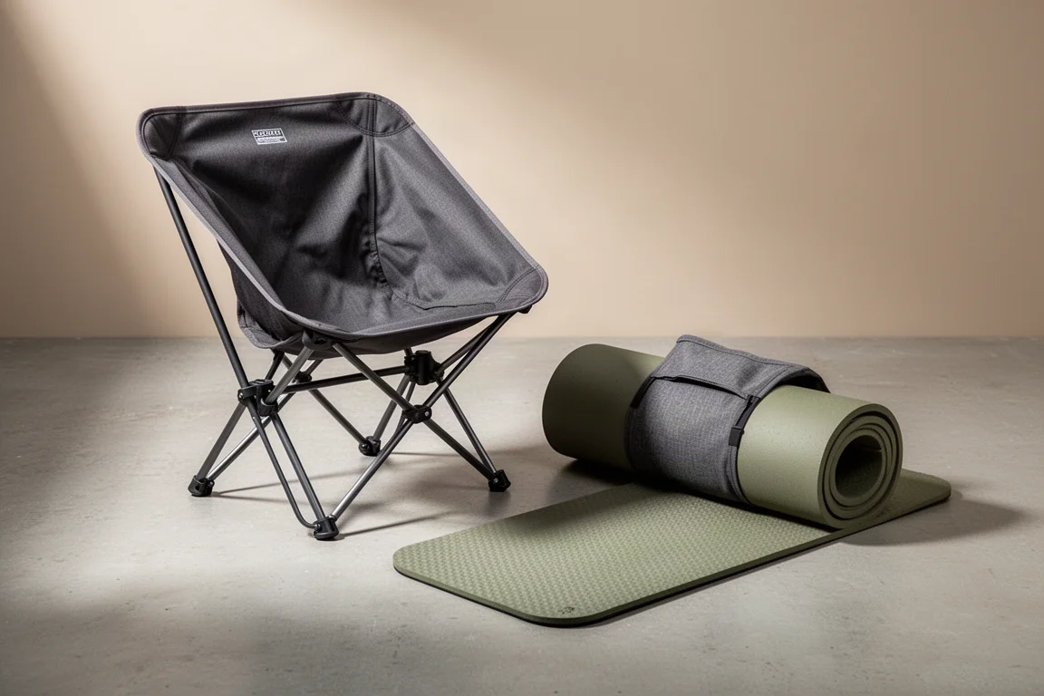 Folding backpacking chair, sleeping pad chair sleeve, and sit pad arranged in a neutral camp scene