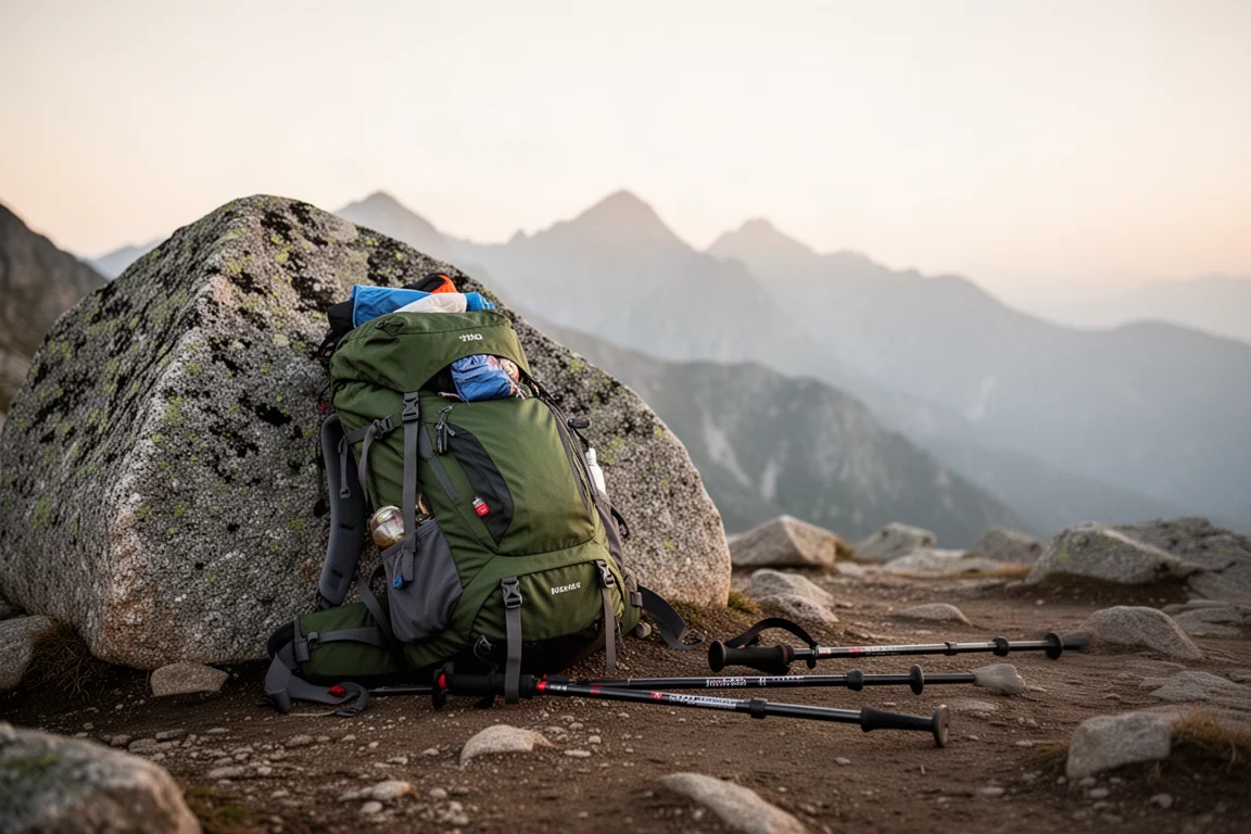 Mochila y bastones de trekking apoyados contra una roca en un campamento de alta montaña