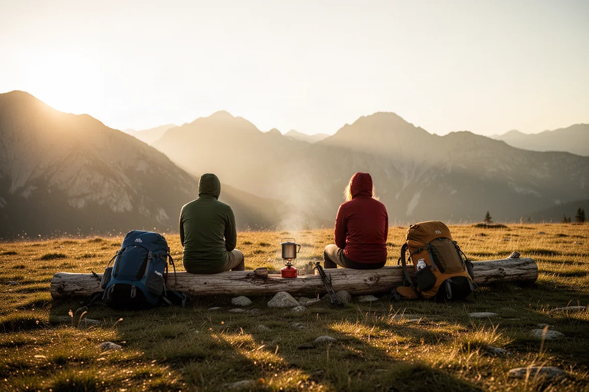 Senderistas sentados en un campamento a la hora dorada en una meseta de montaña