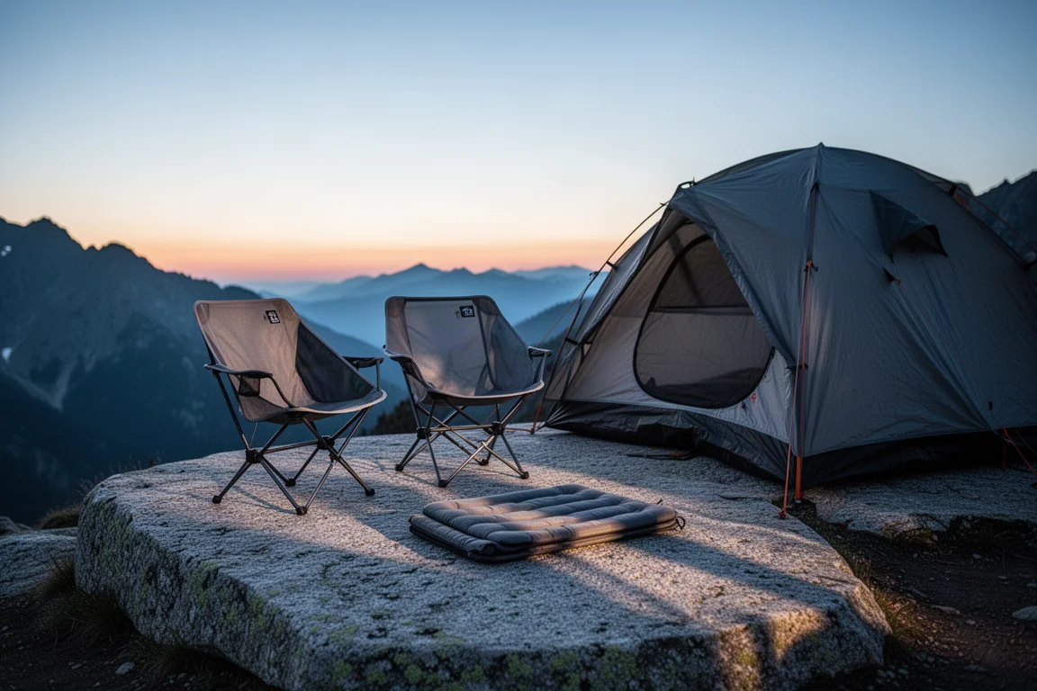 Alpine campsite at dusk with lightweight camp chairs and a sit pad beside a pitched tent