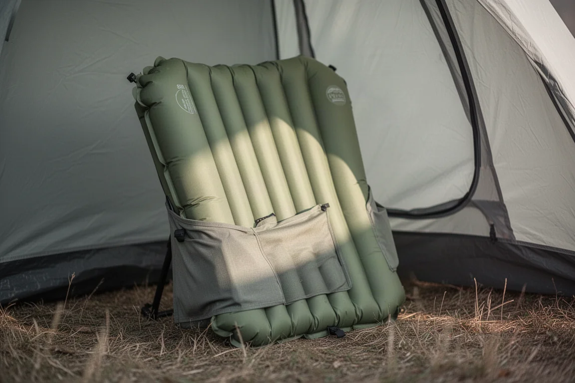 Camping sleeping pad folded into a chair with a fabric sleeve beside a tent