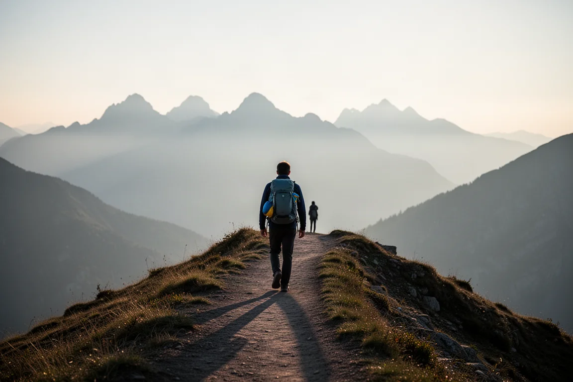 Hiker with a small ultralight backpack walking a ridgeline trail at first light