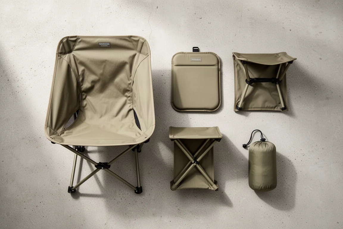 Overhead flat lay of a folded camp chair, sit pad, and folding stool on concrete