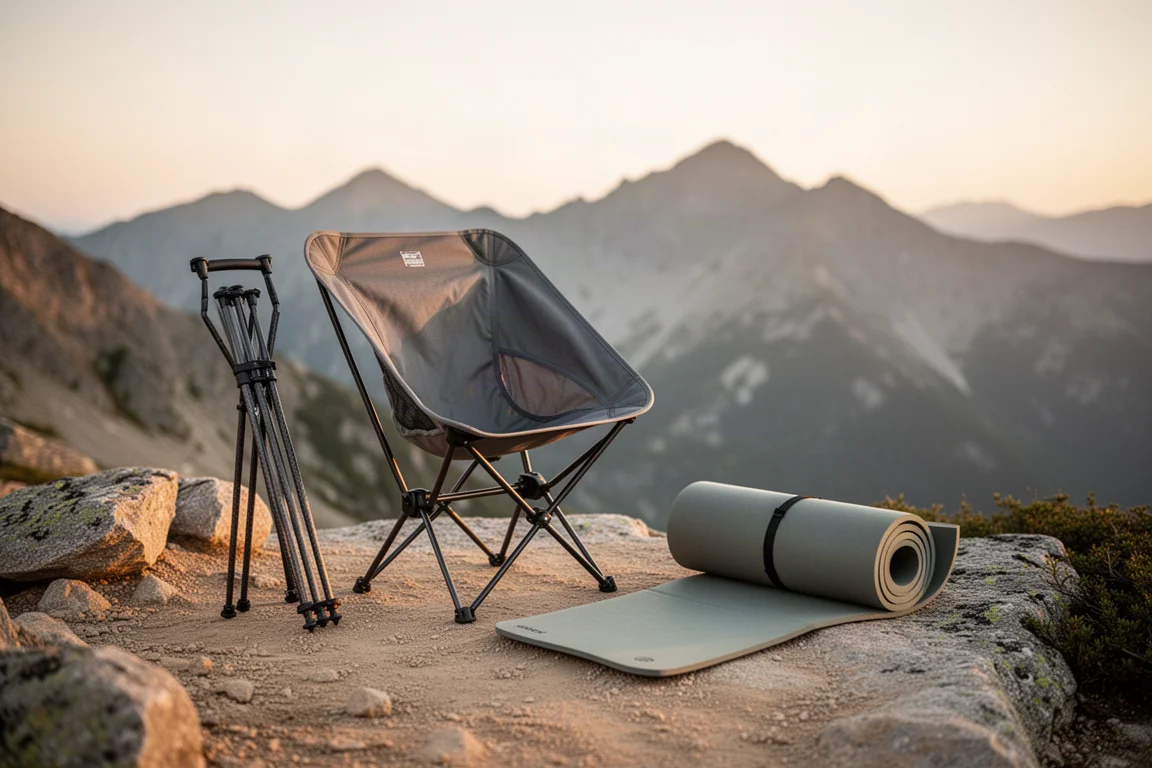 Chaise de bivouac légère et matériel sur un rebord rocheux de camp alpin à l'heure dorée