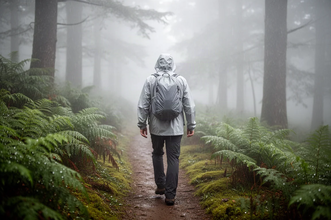 Trekkingowiec w lekkiej kurtce przeciwdeszczowej idący leśnym szlakiem w strugach deszczu