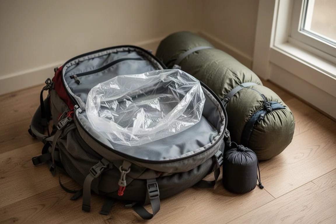 Otwarty plecak trekkingowy z przezroczystą workową wkładką w środku na drewnianej podłodze