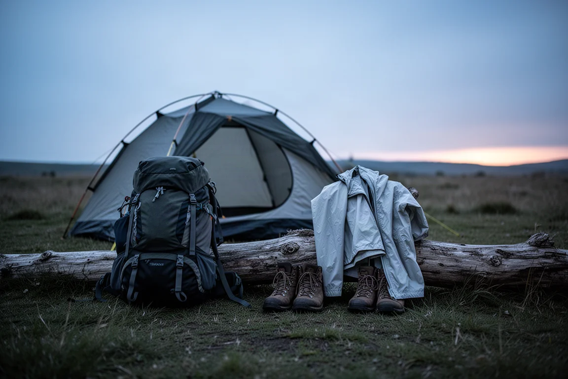 Pole biwakowe o zmierzchu z małym namiotem i załadowanym plecakiem trekkingowym przy zwalonym pniu