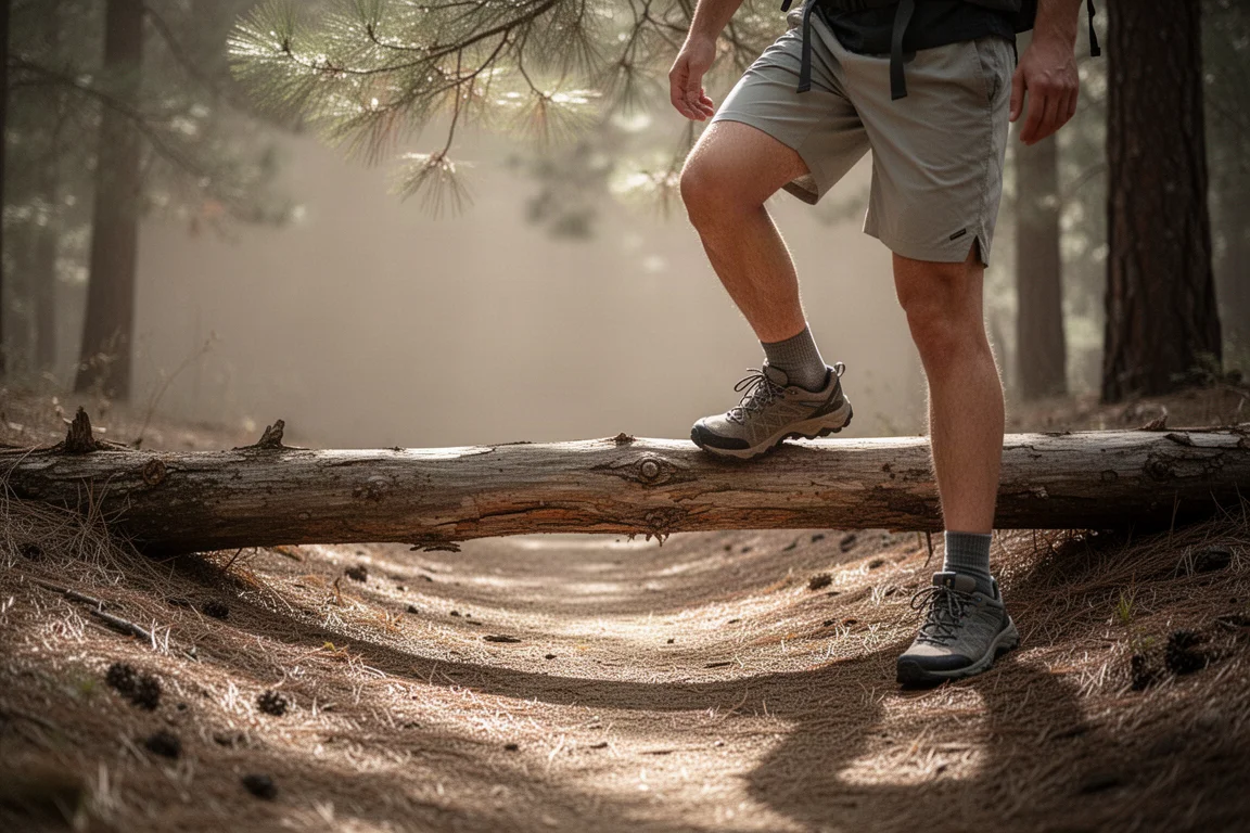 Wandelaar stapt over een granieten rotsblok op een zonnige trail