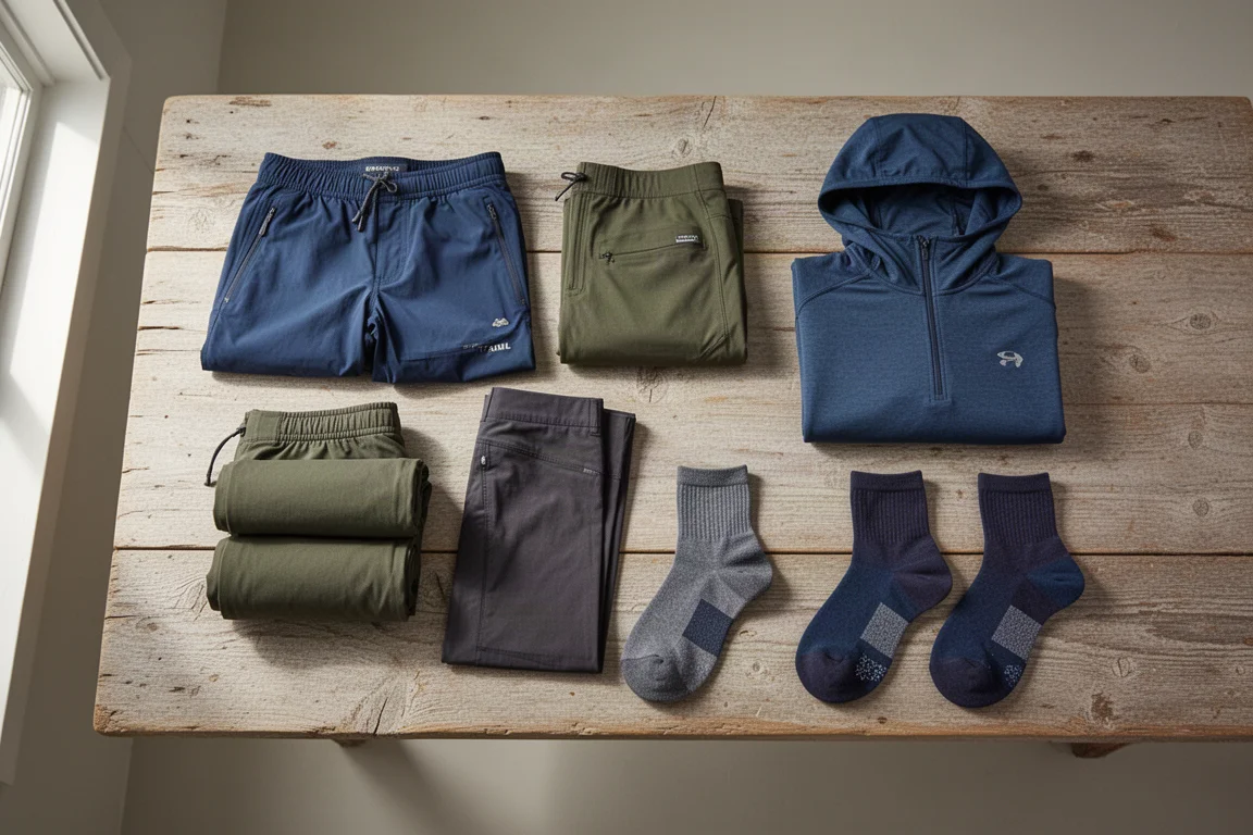 Flat-lay van backpackkleding, sokken en gear op verweerd hout