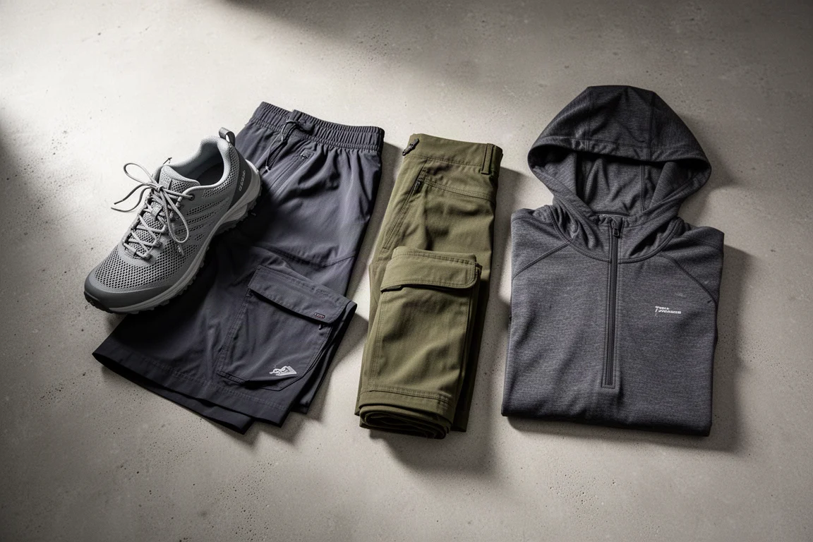 Flat-lay of hiking shoe, trail shorts, trail pants and hoodie on concrete