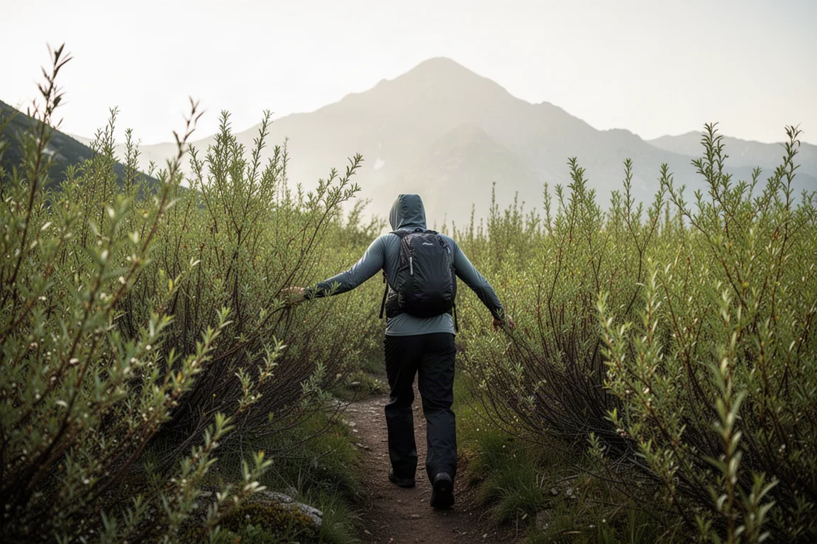 Wanderer in langer Hose und Kapuzenhemd, der sich auf einem Bergweg durch dichtes Weidengebüsch kämpft