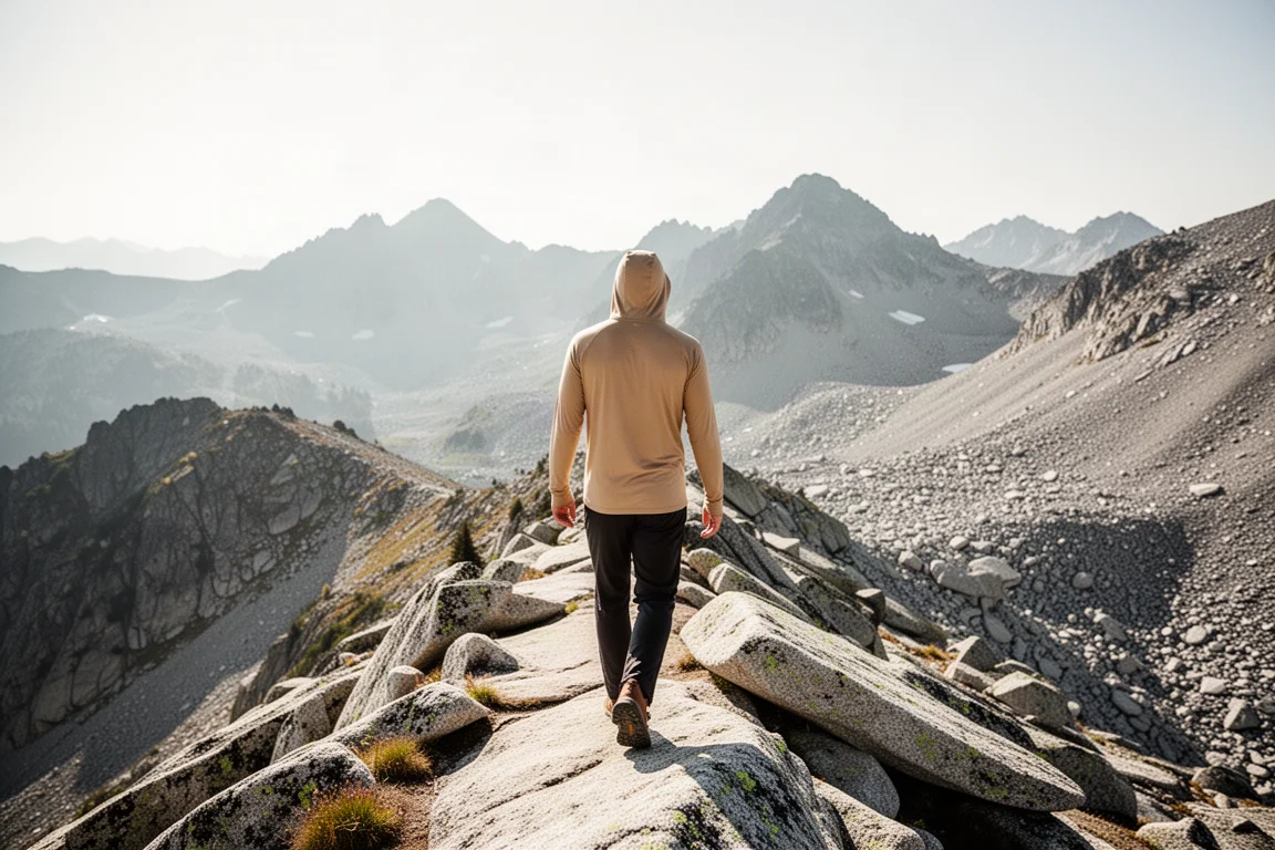 Wanderer in einem langärmeligen Kapuzenhemd, der bei heller Sonne über einen exponierten Alpengrat läuft