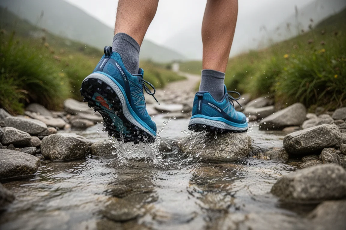 Trailrunning-Schuhe, die auf einem Bergweg durch eine seichte felsige Bachdurchquerung waten
