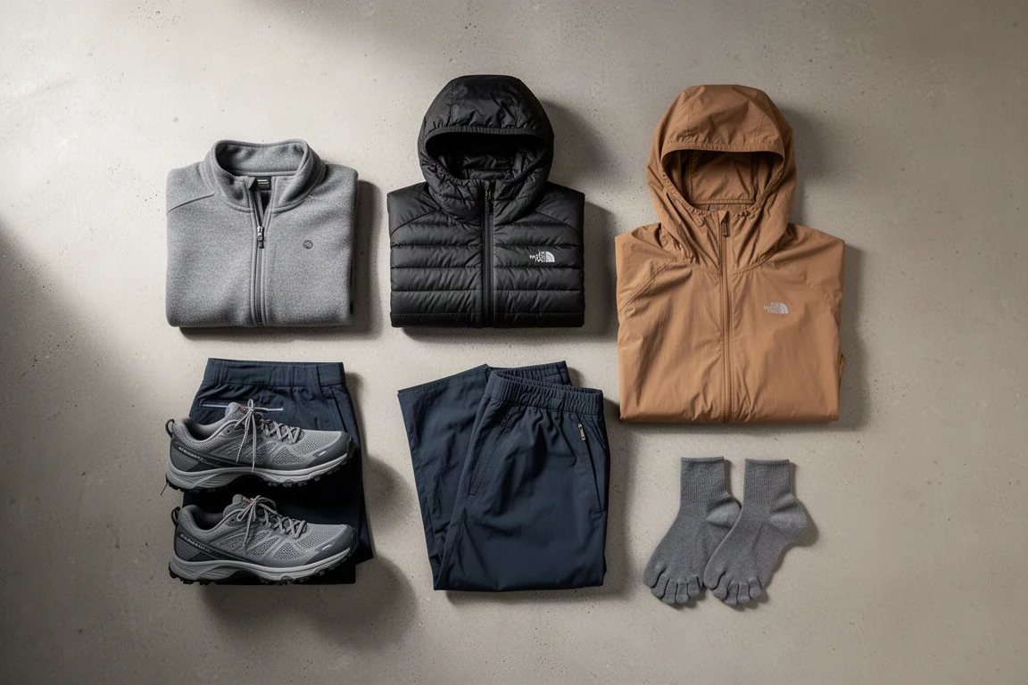 Flat-lay of lightweight backpacking clothing including fleece, hoodie, sun hoodie, pants, shoes, and socks