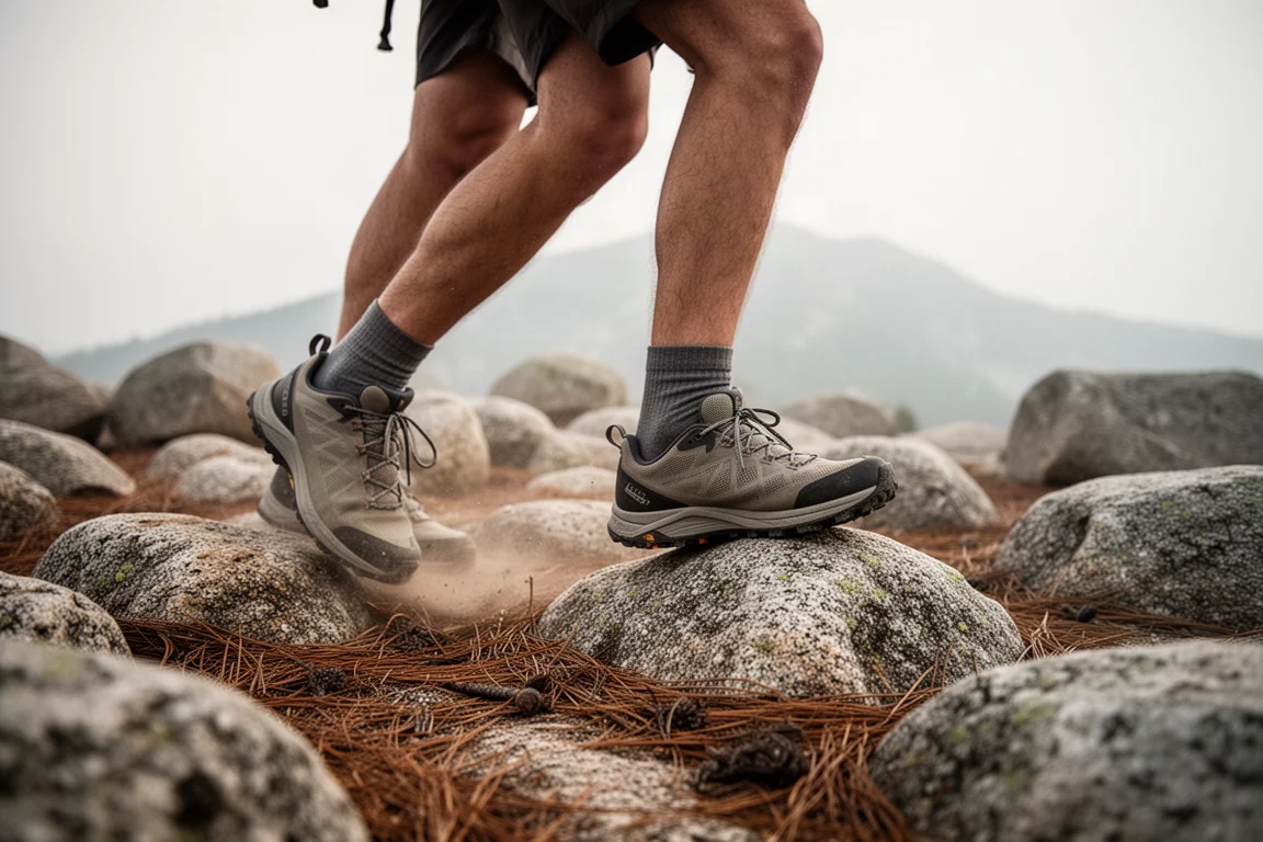 Beine eines Wanderers und leichte Trail-Schuhe überqueren ein Granitblockfeld im Morgennebel