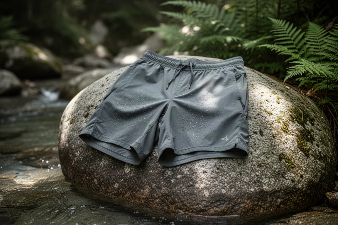 Schnelltrocknende Wander-Shorts über einem sonnenbeschienenen Felsen neben einem Gebirgsbach