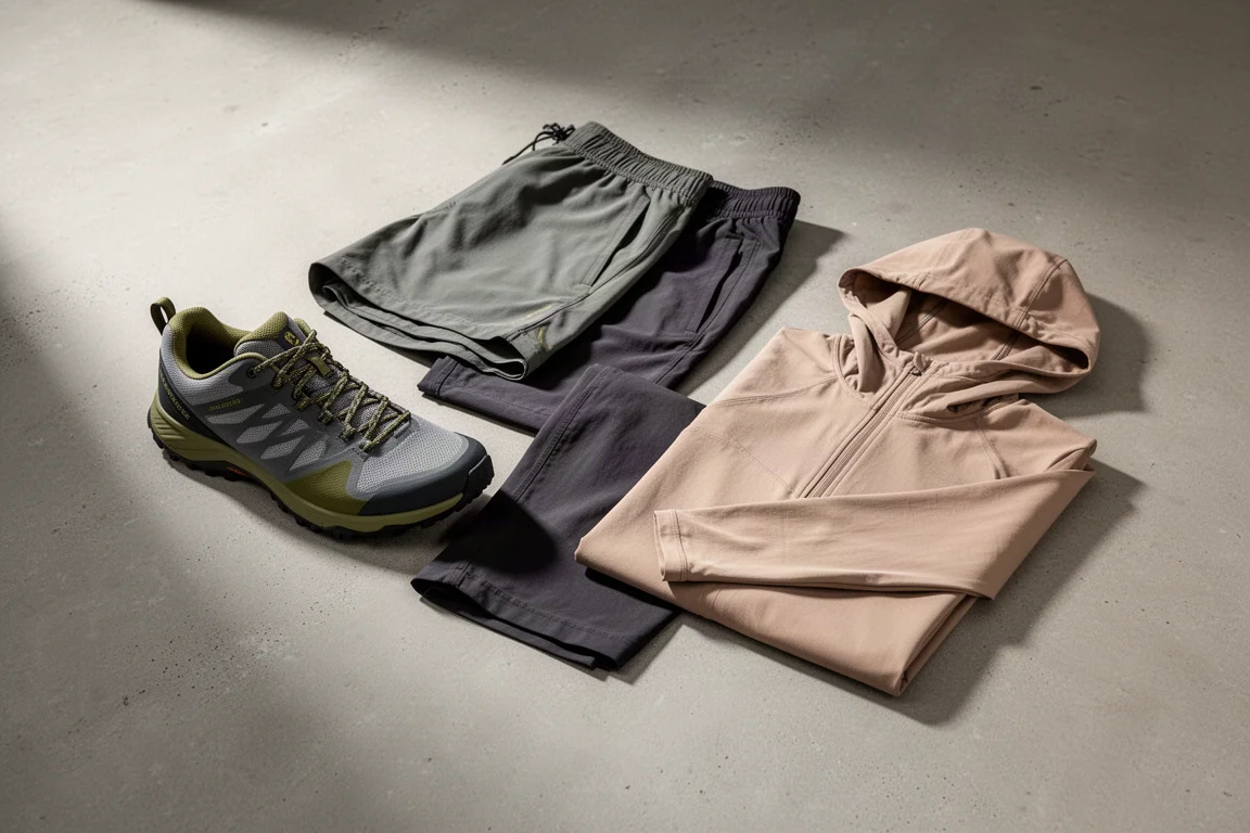 Backpacking clothing including a hiking shoe, shorts, pants, and a hooded top on a concrete surface