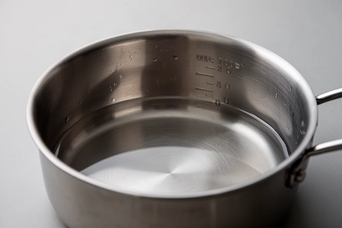 Primer plano de las tenues marcas de medición en el interior de una olla de acero inoxidable