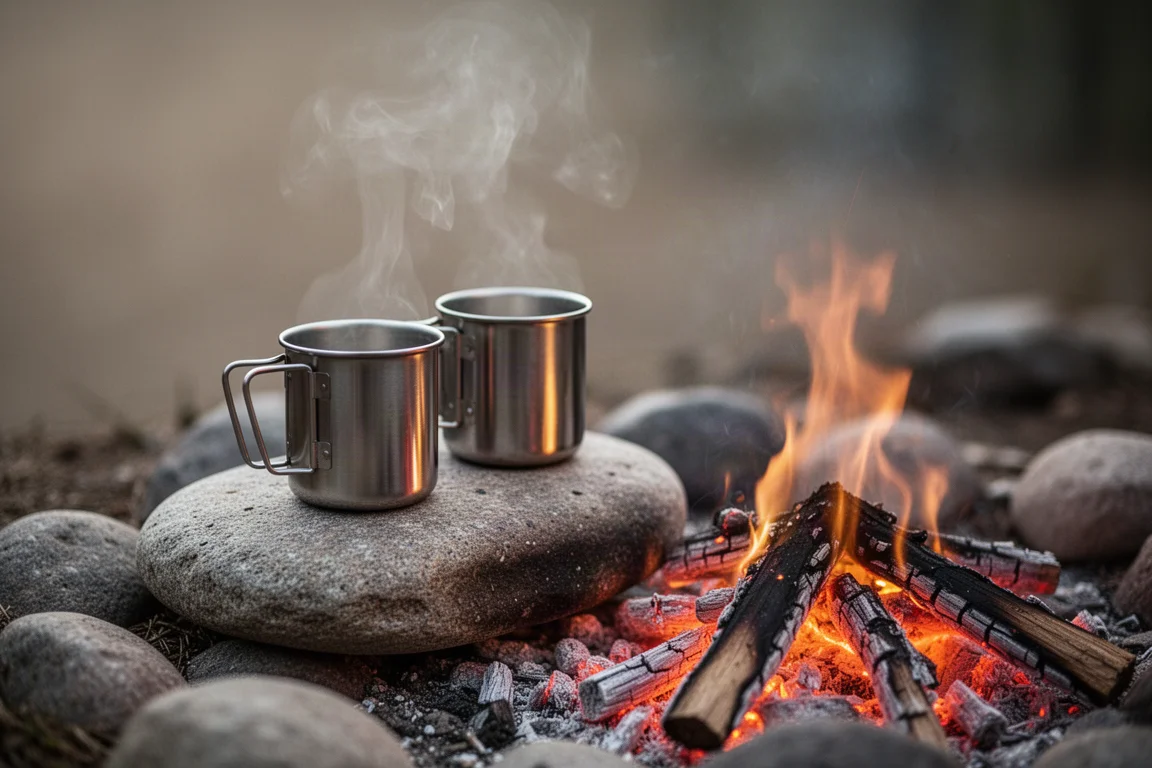 Dos tazas de camping de acero inoxidable sobre una piedra de río junto a una hoguera