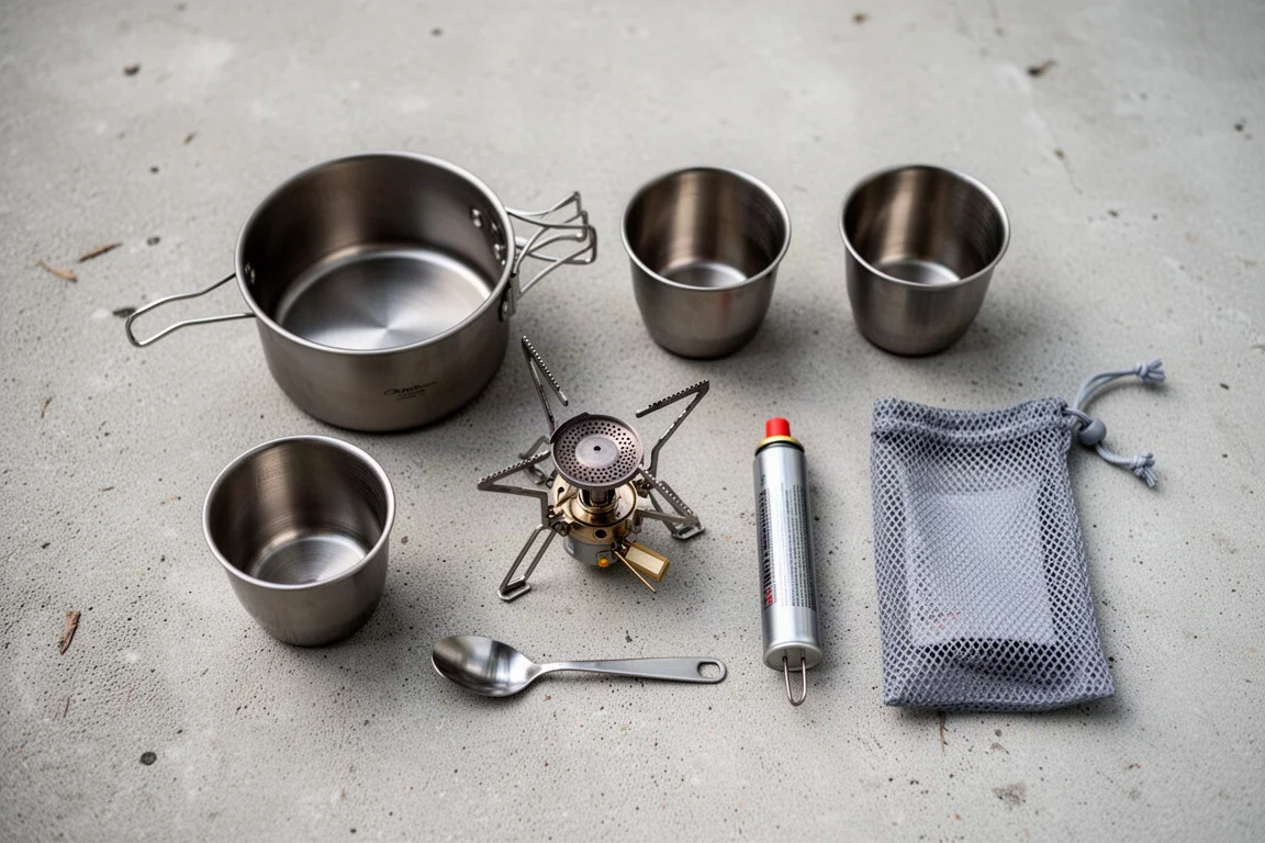 Vista cenital de un equipo de cocina de campamento con olla, tazas, hornillo y combustible