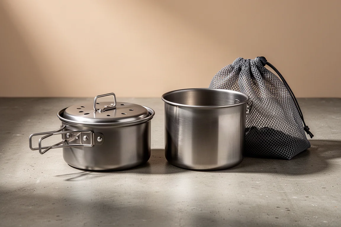 Two stainless steel camping cook sets with pots and mesh bag on concrete