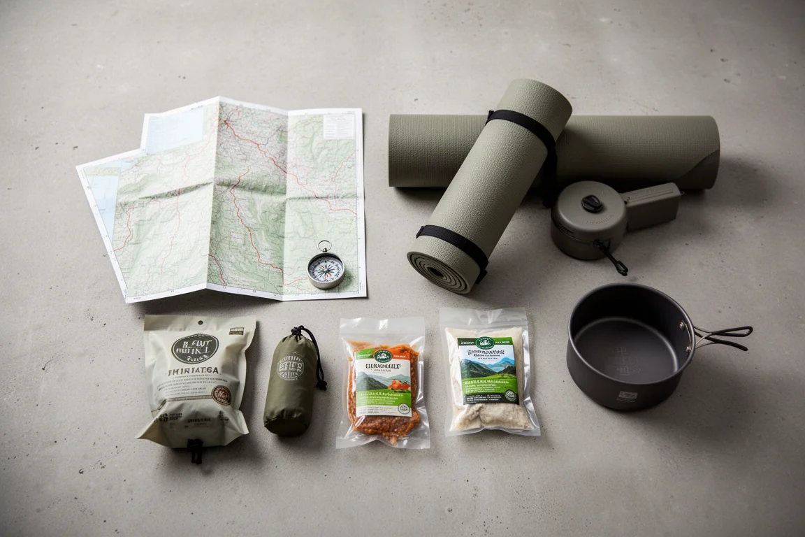 Draufsicht als Flat-Lay von gemischter Backpacking-Ausrüstung auf mattem Betonboden