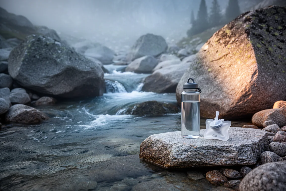 Klarer Gebirgsbach über Granit mit Trinkflasche und Filterbeutel auf einem Stein