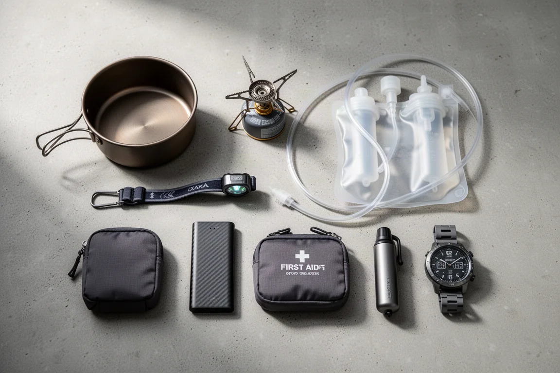 Flat-lay di essenziali per il backpacking tra cui pentola, fornello, filtro, frontale e power bank