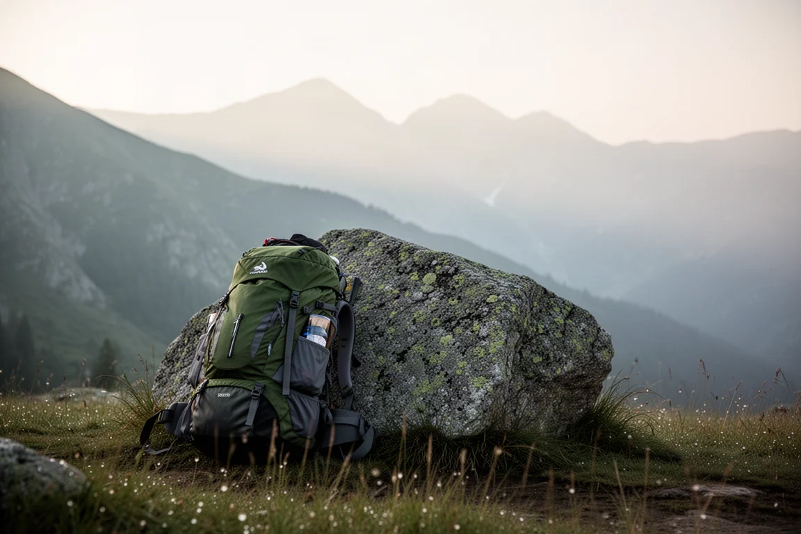 Packad ryggsäck lutad mot en mossig stenblock vid en bergsstig i gryningen