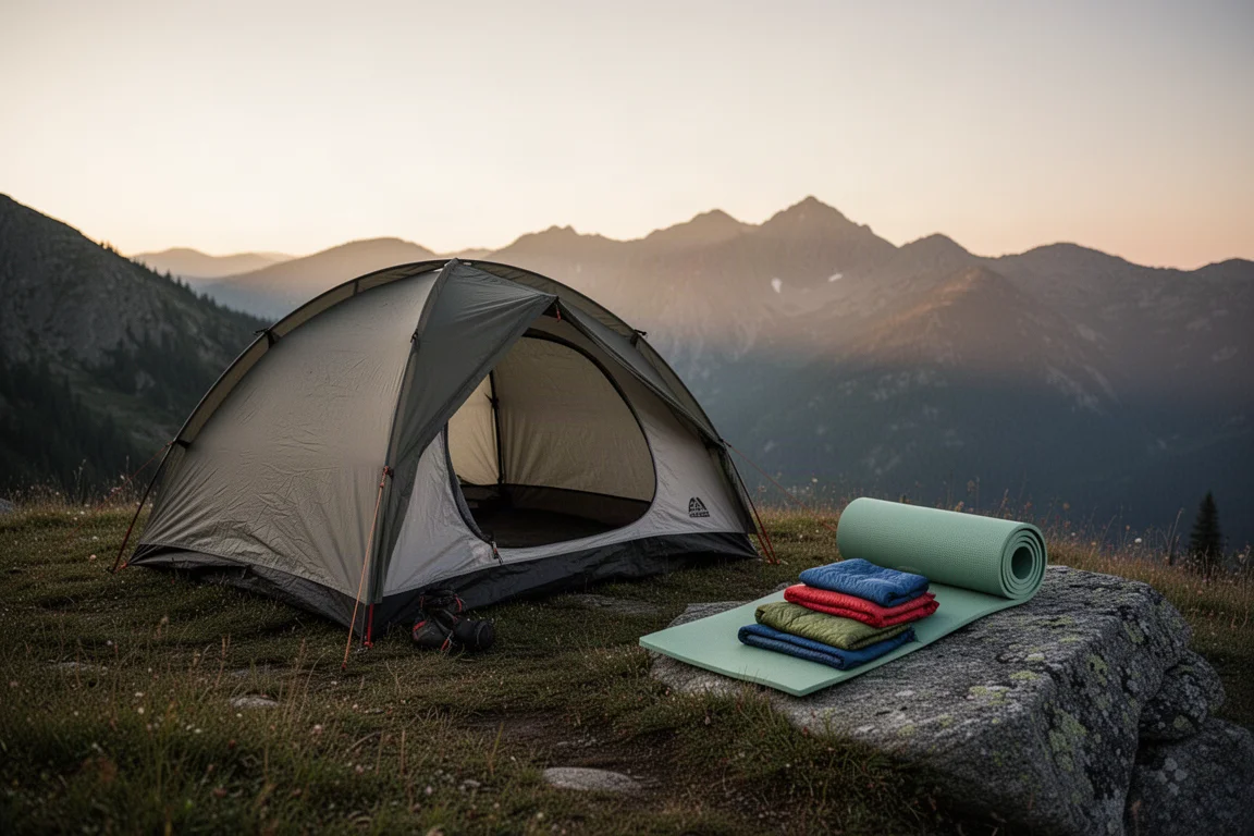 Liten vildmarkscamping i skymningen med tält, skumplatta och vikta lager