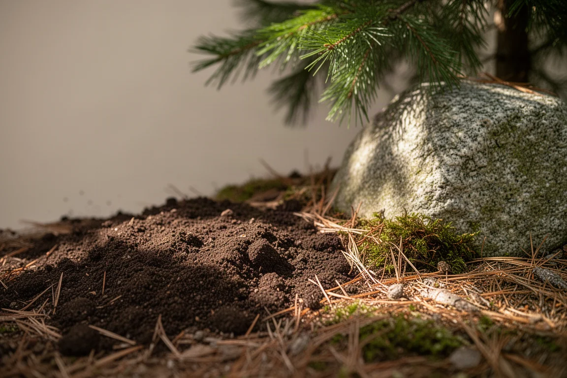 Nyligen omrörd jord på en skogsbotten bredvid en granitsten och tallbarr