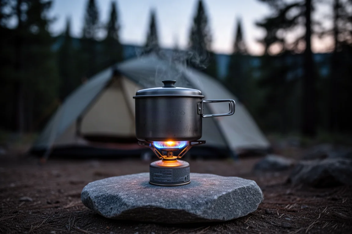 Petit réchaud à cartouche brûlant sous une casserole en titane au crépuscule près d'une tente