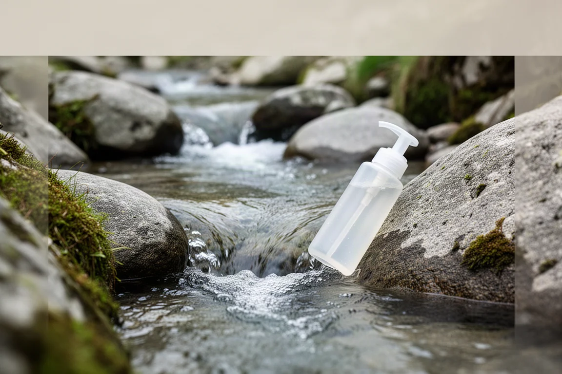 Torrent alpin clair coulant sur des rochers gris avec une bouteille translucide au bord