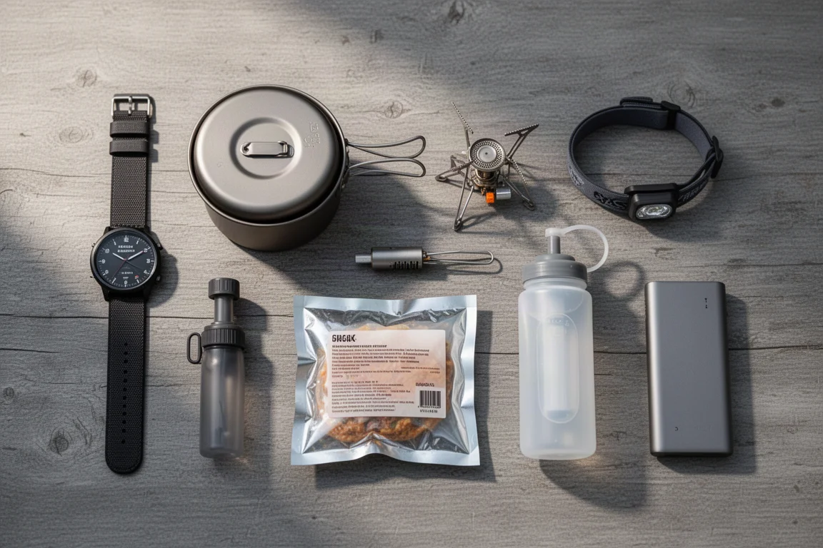Płaskie ułożenie backpacking essentials, w tym zegarek, tytanowy garnek, kuchenka, czołówka, filtr i power bank