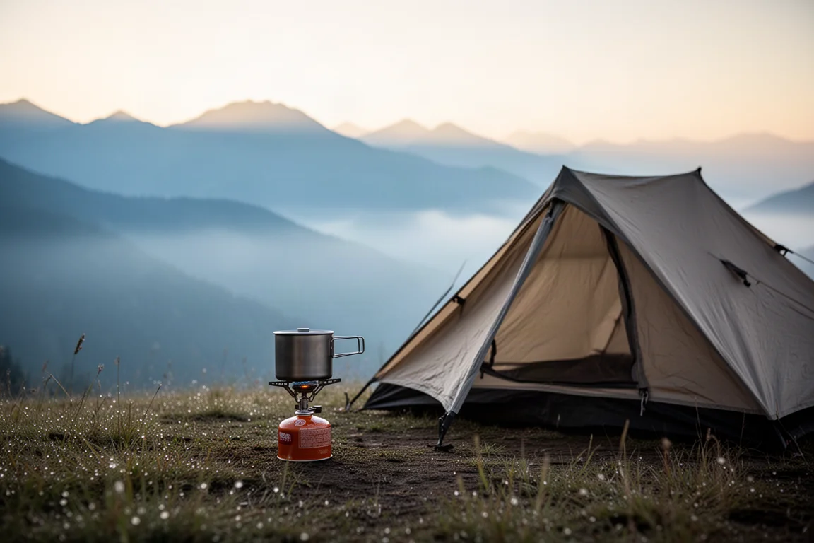 Fornello da escursionismo con una pentola accanto a una tenda montata all'alba in montagne nebbiose
