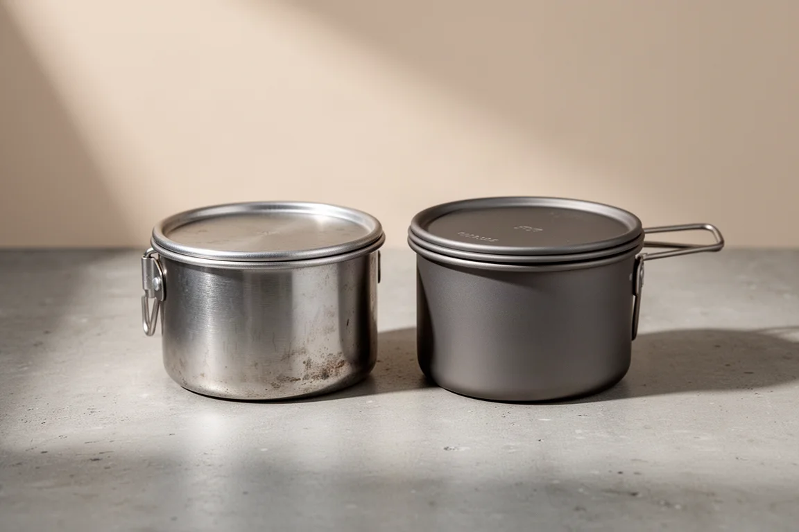 Aluminum grease pot and titanium backpacking pot side by side on a concrete surface