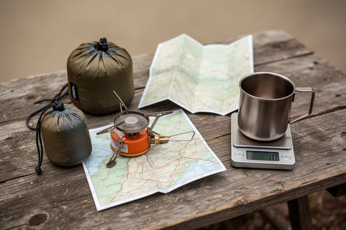 Backpacking gear and a digital scale laid out on a weathered wooden surface