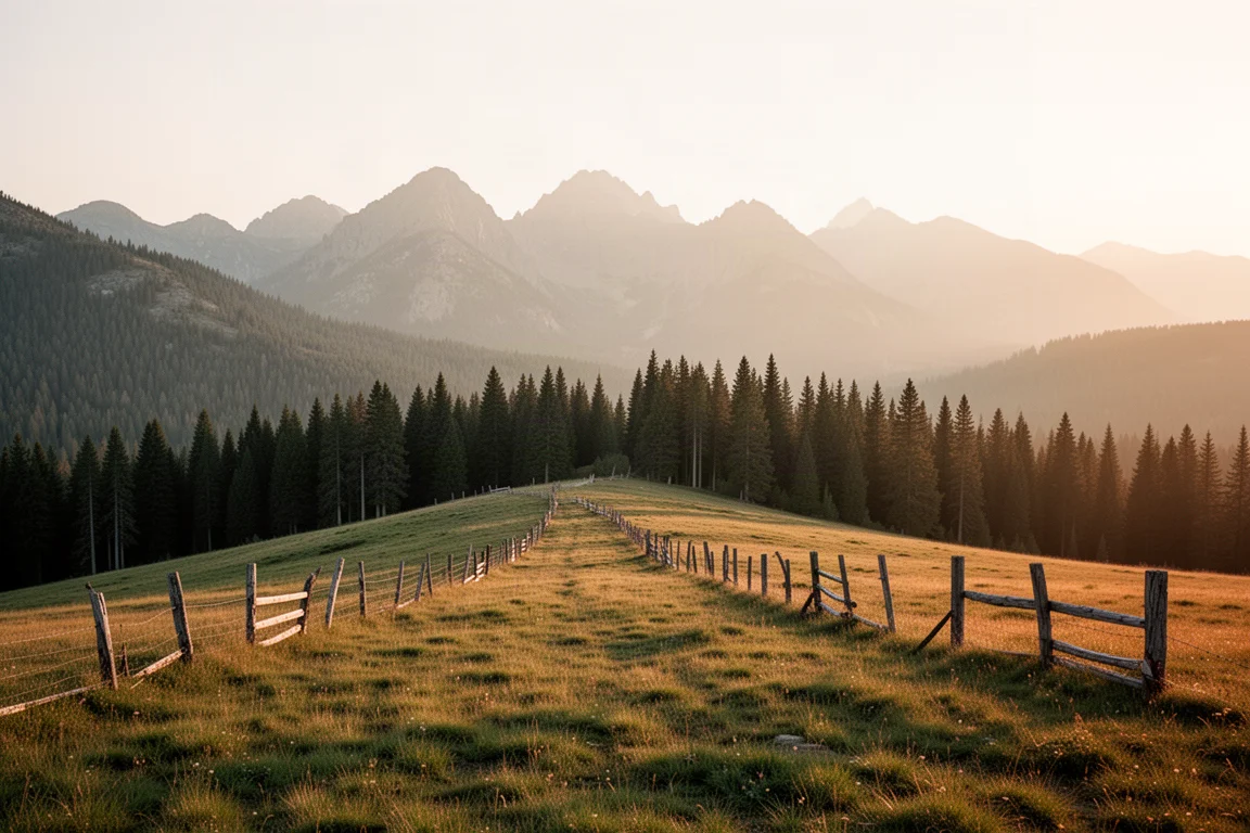 Backcountry ridge with a fence line dividing meadow and pine forest at golden hour