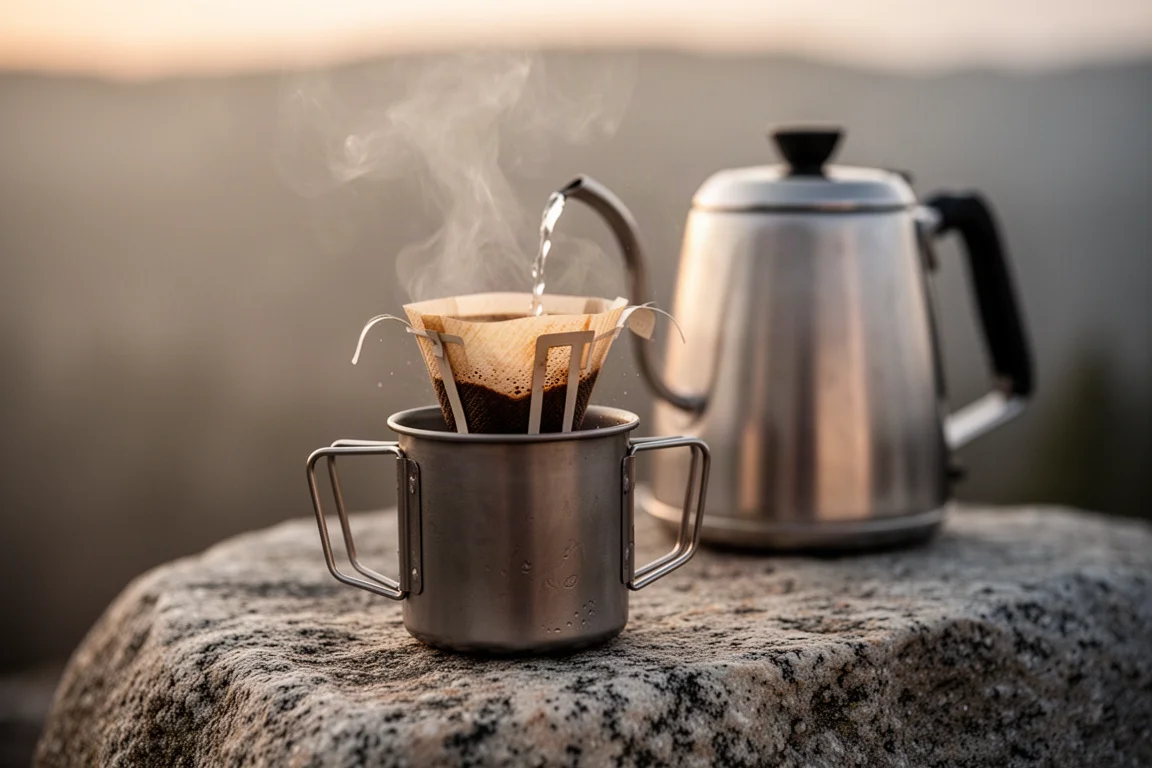 Hot water poured over a pour over coffee pouch on a camp mug at dawn
