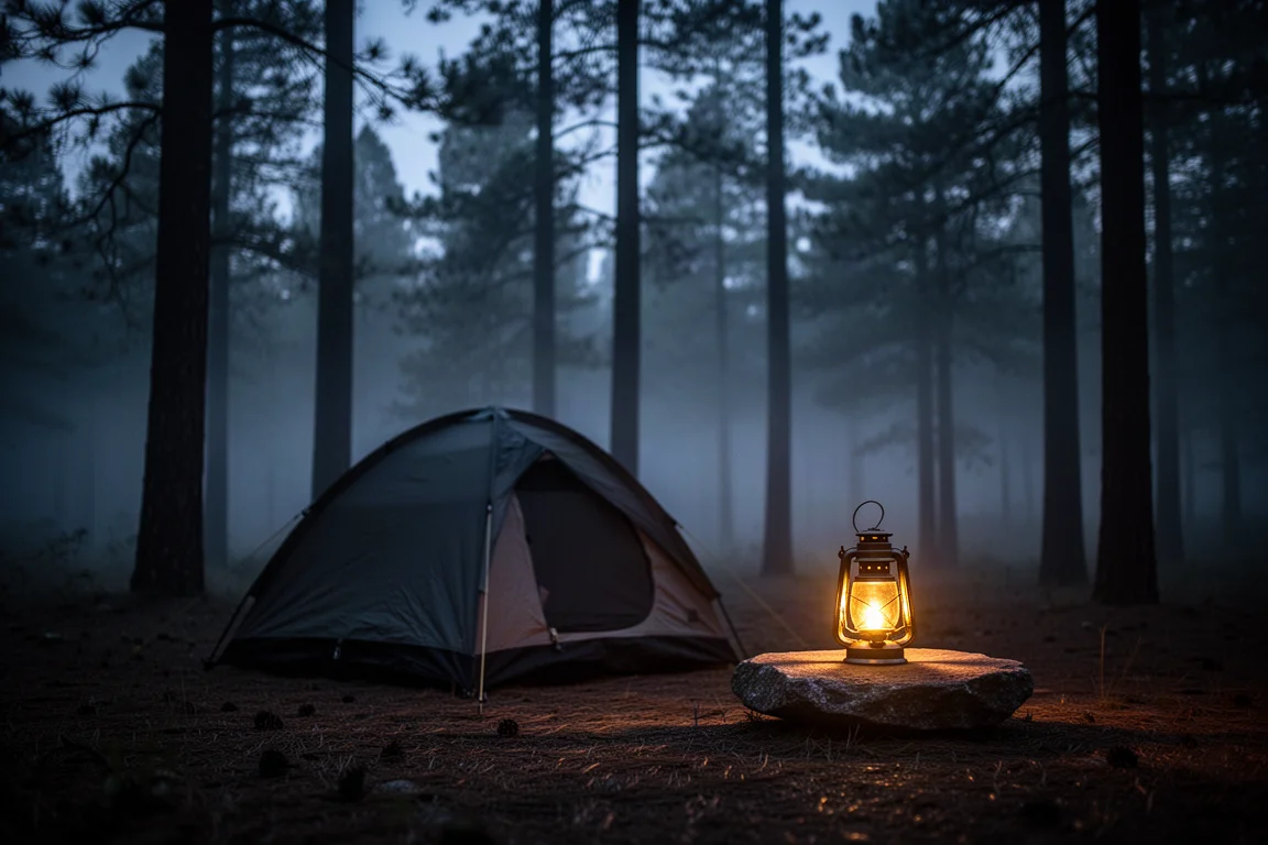 Campsite at blue hour with a glowing glass lantern beside a low tent